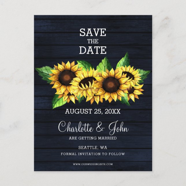 Navy Blue barn wood sunflowers rustic country Announcement Postcard (Front)