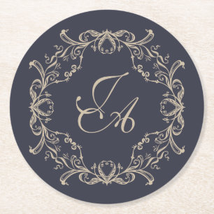 Navy Blue Baroque Monogram Wedding Coaster
