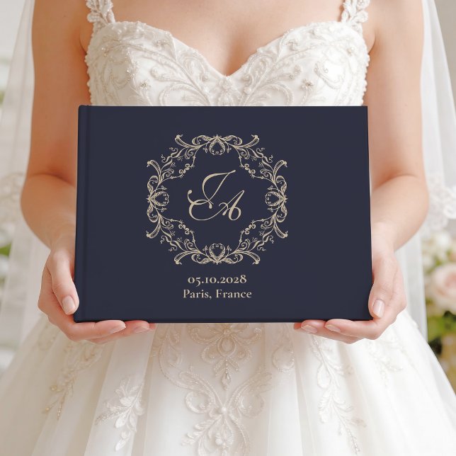 Navy Blue Baroque Monogram Wedding Guest Book (Creator Uploaded)