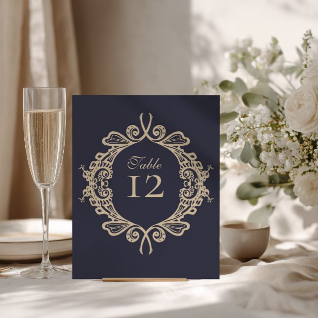 Navy Blue Baroque Wedding Table Number Sign (Creator Uploaded)