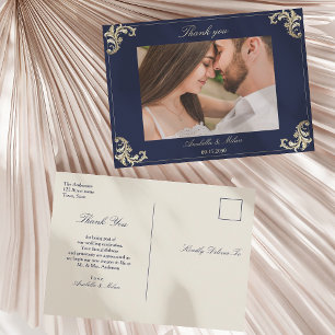 Navy Blue Baroque Wedding Thank You Postcard