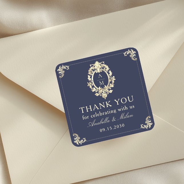 Navy Blue Baroque Wedding Thank You Square Sticker (Creator Uploaded)