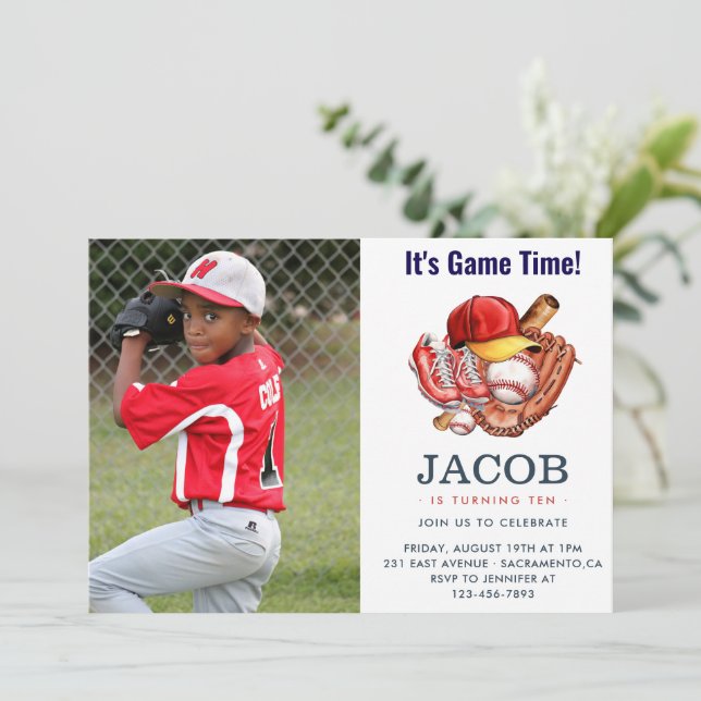 Navy Blue Baseball Kids Birthday Party Watercolor Invitation (Standing Front)