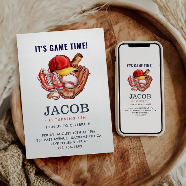 Navy Blue Baseball Kids Birthday Party Watercolor Invitation (Creator Uploaded)