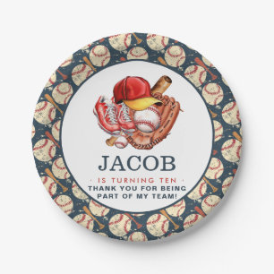 Navy Blue Baseball Kids Birthday Party Watercolor  Paper Plate