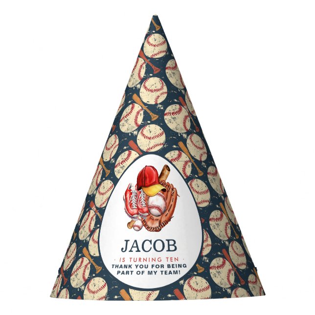 Navy Blue Baseball Kids Birthday Party Watercolor  Party Hat (Front)