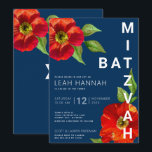 Navy Blue Bat Mitzvah Red Floral Modern Watercolor Invitation<br><div class="desc">Be proud, rejoice and showcase this milestone of your favourite Bat Mitzvah with this sophisticated, personalised invitation! A chic, stunning, red floral watercolor with modern san serif type overlays a navy blue background. Personalise the custom text with your Bat Mitzvah’s name, date, and venue information. Guaranteed to add stylish fun...</div>