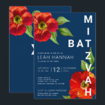 Navy Blue Bat Mitzvah Red Floral Modern Watercolor Invitation<br><div class="desc">Be proud, rejoice and showcase this milestone of your favourite Bat Mitzvah with this sophisticated, personalised invitation! A chic, stunning, red floral watercolor with modern san serif type overlays a navy blue background. Personalise the custom text with your Bat Mitzvah’s name, date, and venue information. Guaranteed to add stylish fun...</div>