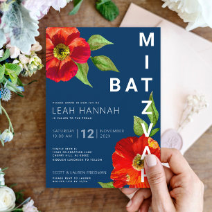 Navy Blue Bat Mitzvah Red Floral Modern Watercolor Invitation