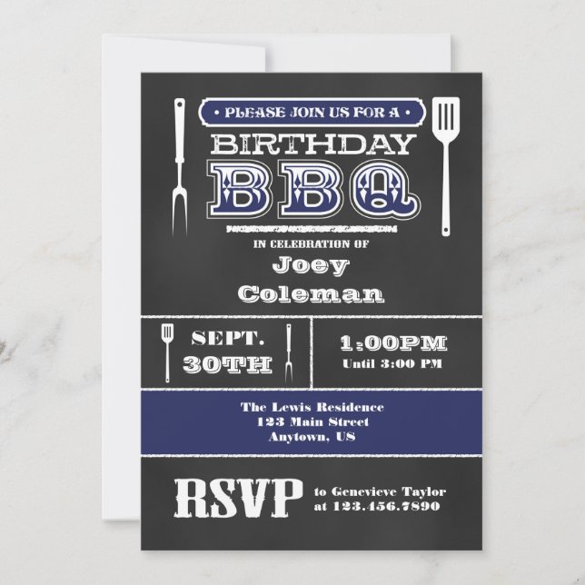 Navy Blue BBQ Birthday Chalkboard Invitation (Front)