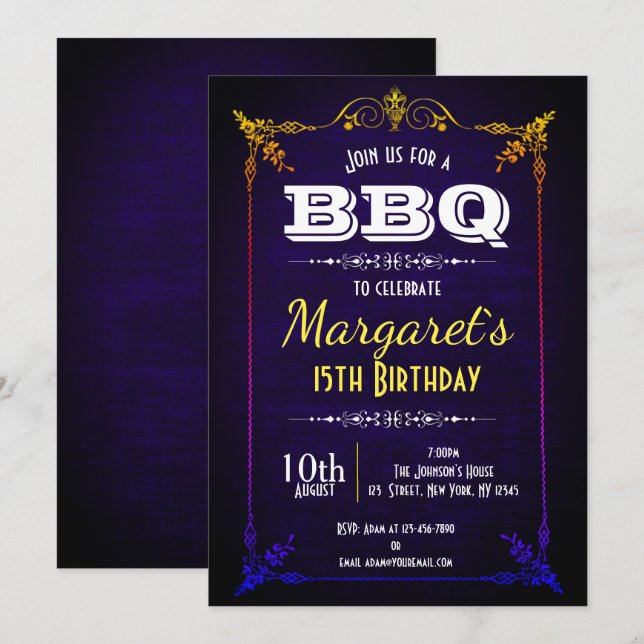 Navy Blue BBQ Birthday Party Invite (Front/Back)