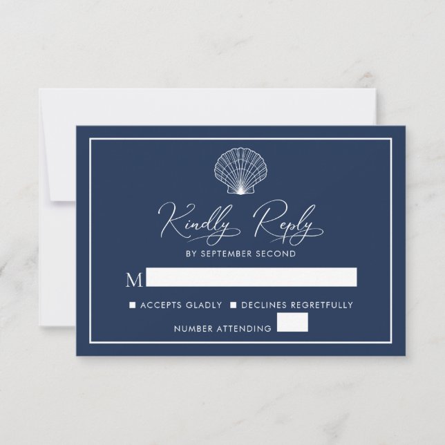 Navy Blue Beach Seashell Elegant Wedding RSVP Card (Front)