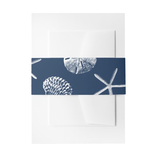 Navy Blue Beach Seashells Wedding Invitation Belly Band (Front Example)