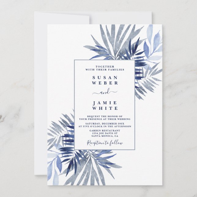 Navy Blue Beach wedding Invitation (Front)