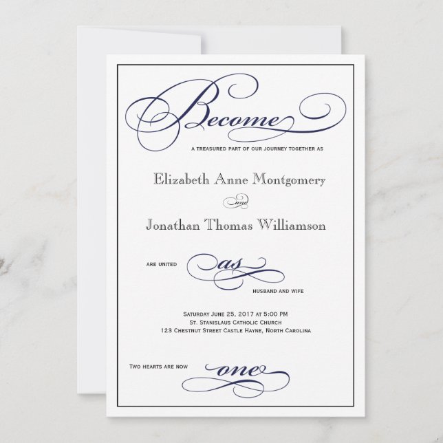 Navy Blue Become as One Script Wedding Invitation (Front)