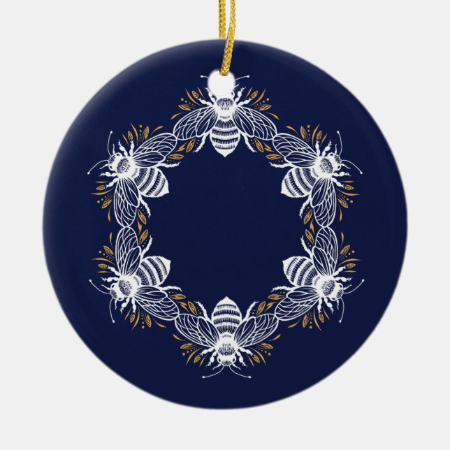 Navy Blue Bee Circle Ceramic Tree Decoration (Front)