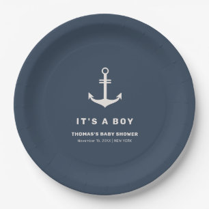 Navy Blue Beige Nautical Anchor Baby Shower Paper Plate