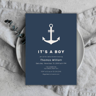 Navy Blue Beige Simple Nautical Anchor Baby Shower Invitation
