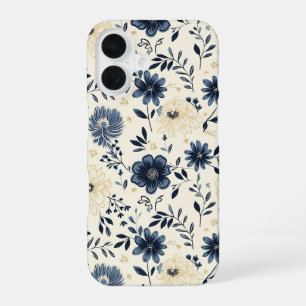 Navy Blue Beige Vintage Folk Art Flowers iPhone 16 Case