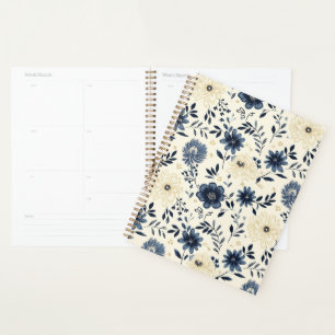 Navy Blue Beige Vintage Folk Art Flowers Planner
