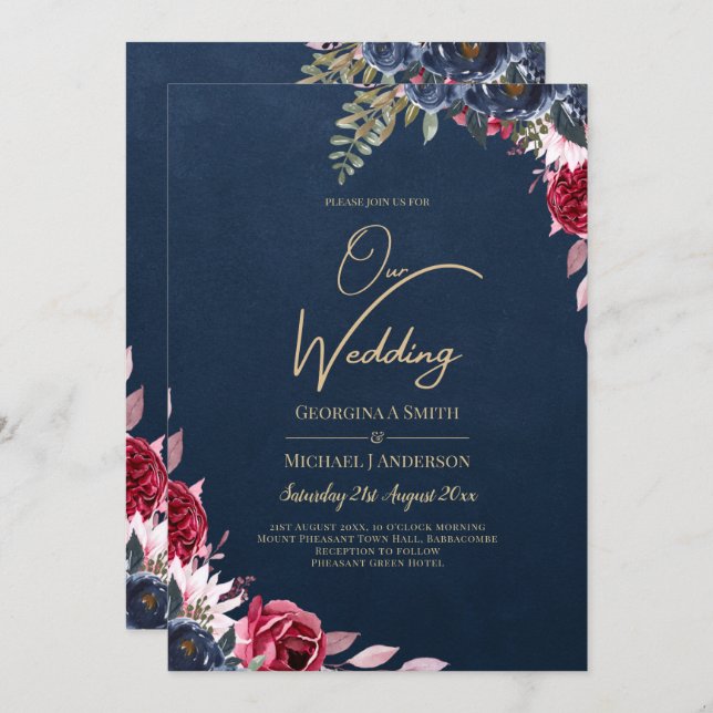 Navy Blue Berry Floral Burgundy Winter Fall Invitation (Front/Back)