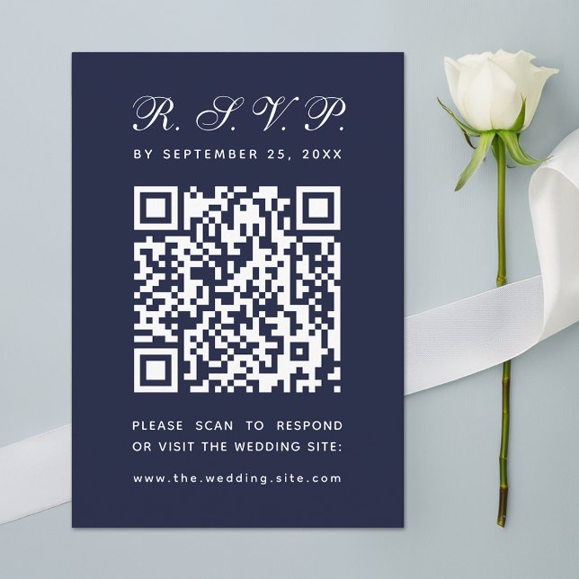 Navy Blue Big QR Code Simple Calligraphy Wedding RSVP Card (Creator Uploaded)