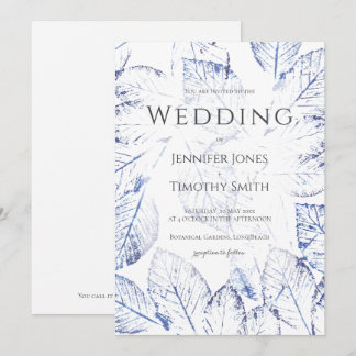 Navy blue birch leaves nature wedding in white invitation