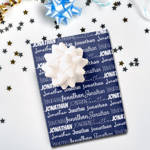 Navy Blue Birthday Custom Name Collage Wrapping Paper Sheet