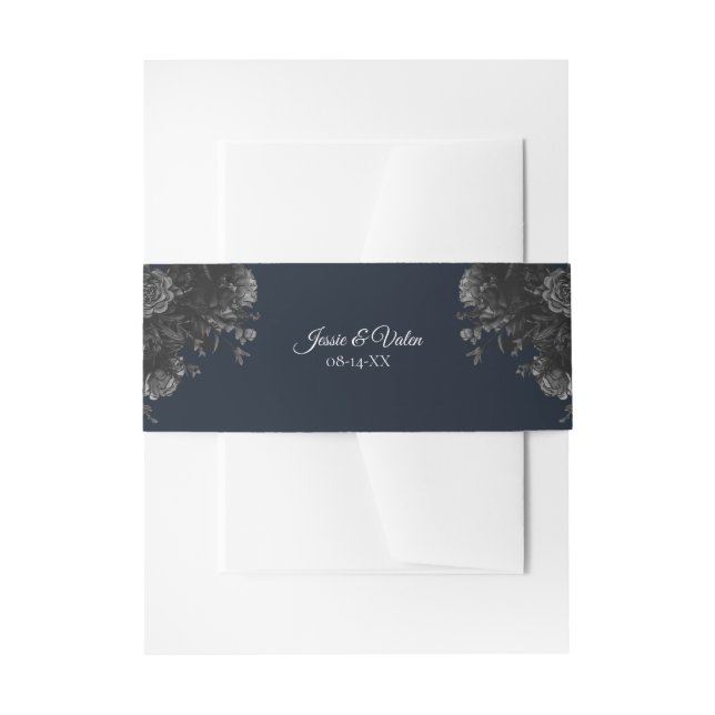 Navy Blue Black Floral Wedding  Invitation Belly Band (Front Example)