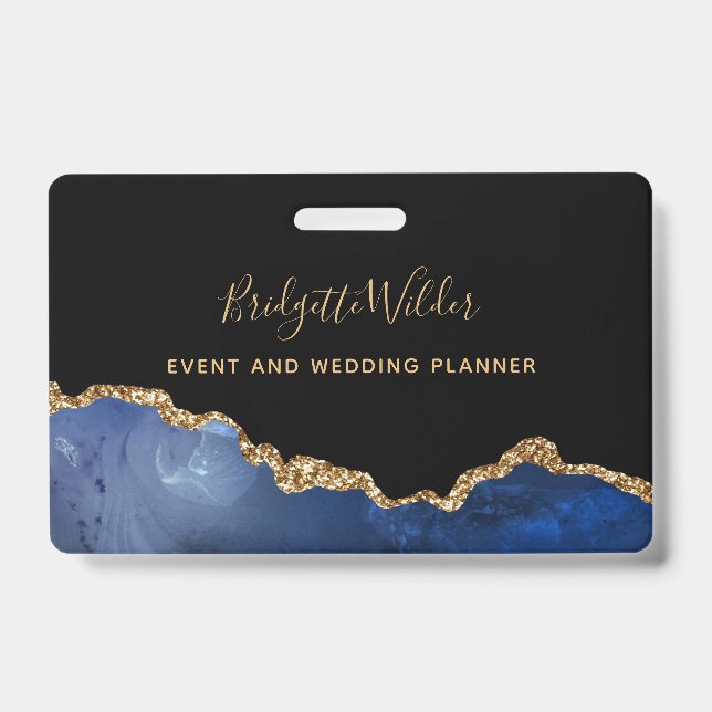 Navy Blue Black Gold Foil Agate Event Planner Badg ID Badge (Front)