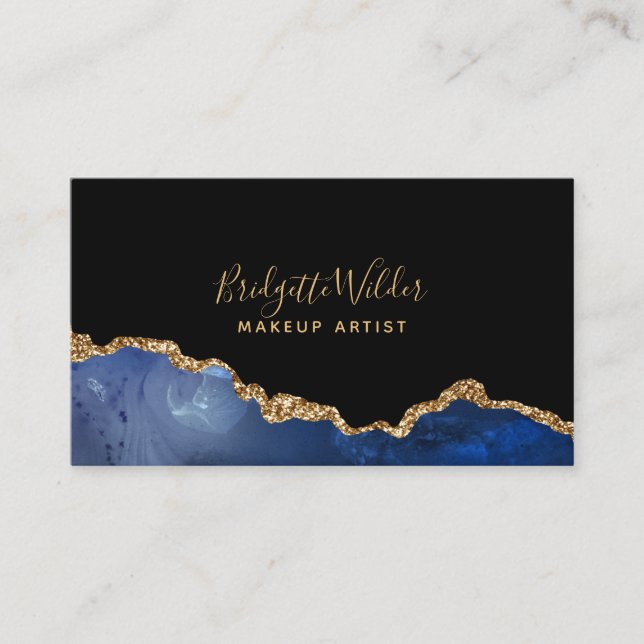 Navy Blue Black Gold Foil Agate Makeup Artist Business Card (Front)