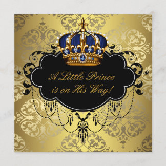 Navy Blue Black Gold Prince Baby Shower Invitation