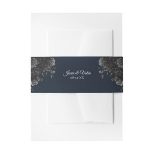 Navy Blue Black Grey Roses Gothic Wedding Invitation Belly Band
