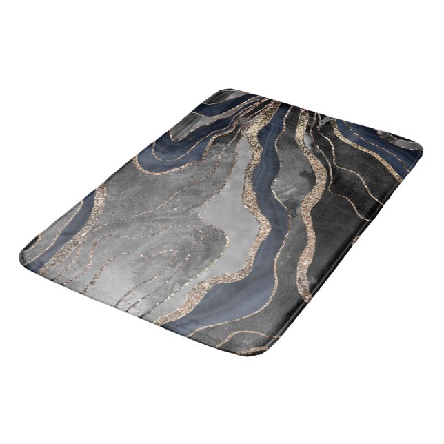 Navy Blue Black Marble Agate Gold Glitter Glam #1  Bath Mat (Angled)
