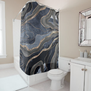 Navy Blue Black Marble Agate Gold Glitter Glam #2 Shower Curtain
