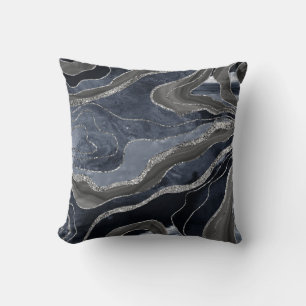 Navy Blue Black Marble Agate Silver Glitter Glam  Cushion