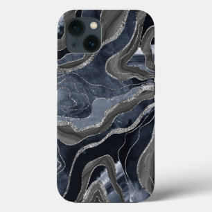 Navy Blue Black Marble Agate Silver Glitter Glam iPhone 13 Case
