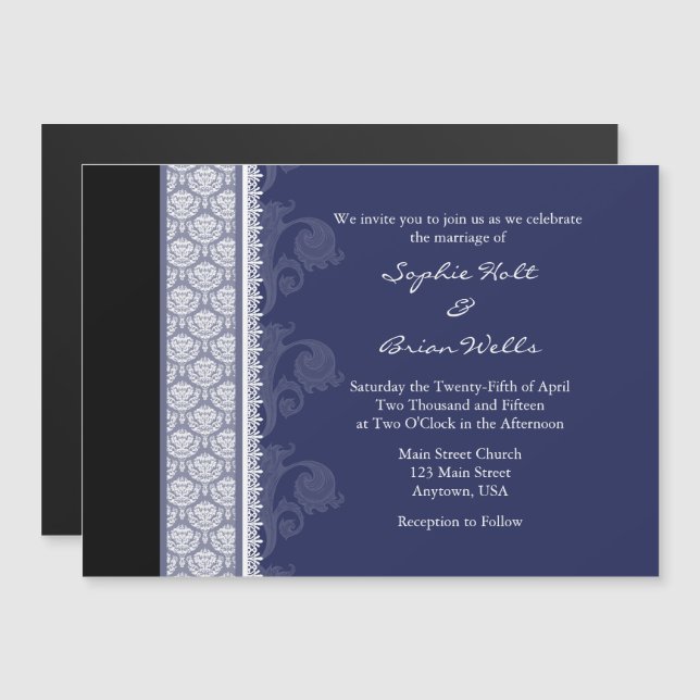 Navy Blue Black Modern Magnetic Wedding Invitation (Front/Back)