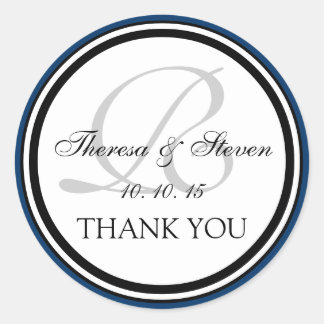 Navy Blue Black Monogram R Wedding Thank You Classic Round Sticker