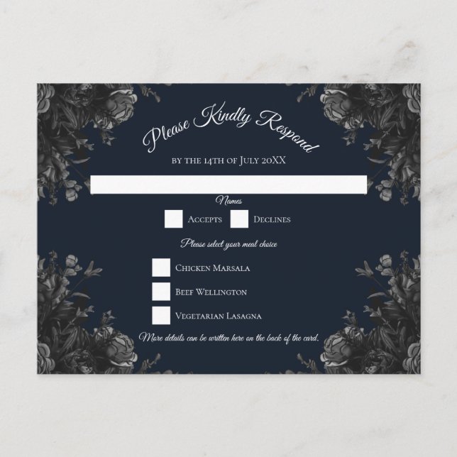 Navy Blue Black Roses Wedding Holiday Postcard (Front)