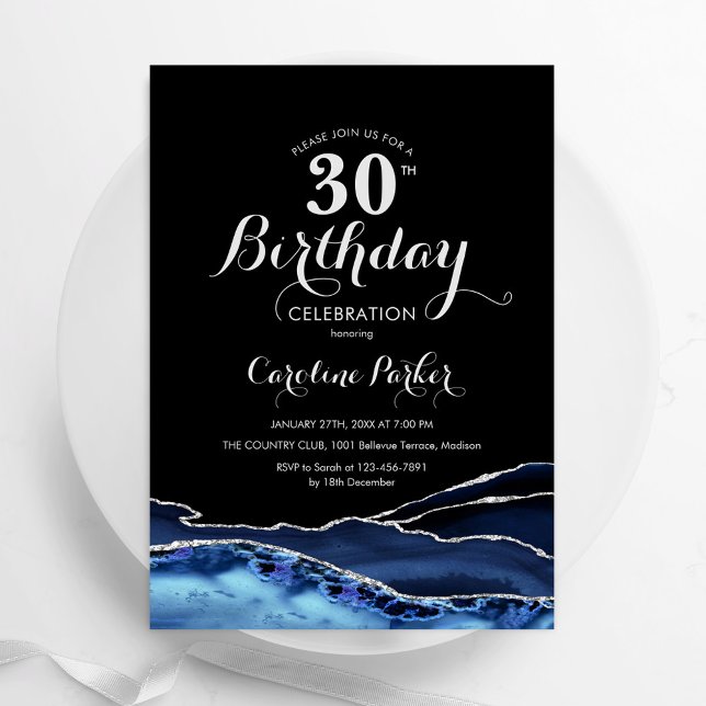 Navy Blue Black Silver Agate 30th Birthday Invitation (Creator Uploaded)