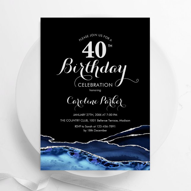 Navy Blue Black Silver Agate 40th Birthday Invitation (Creator Uploaded)