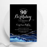 Navy Blue Black Silver Agate 90th Birthday Invitation<br><div class="desc">Navy blue,  black and silver agate 90th birthday party invitation. Elegant modern design featuring royal blue watercolor agate marble geode background,  faux glitter silver and typography script font. Trendy invite card perfect for a stylish women's bday celebration. Printed Zazzle invitations or instant download digital printable template.</div>