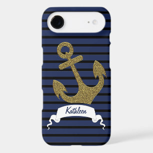 Navy Blue Black Stripes Gold Anchor Ribbon Name