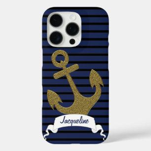 Navy Blue Black Stripes Gold Anchor Ribbon Name iPhone 16 Pro Case
