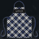 Navy Blue Black Watch Plaid Personalised Holiday Apron<br><div class="desc">Festive seasonal holiday apron features a classic navy blue,  black,  and white watch Scottish tartan plaid pattern with white serif monogram text that can be personalised with a name. Whether you're cooking Christmas dinner,  baking holiday cookies,  or doing dishes,  you'll look stylish this holiday season!</div>