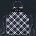 Navy Blue Black Watch Plaid Personalised Holiday Apron<br><div class="desc">Festive seasonal holiday apron features a classic navy blue,  black,  and white watch Scottish tartan plaid pattern with white serif monogram text that can be personalised with a name. Whether you're cooking Christmas dinner,  baking holiday cookies,  or doing dishes,  you'll look stylish this holiday season!</div>