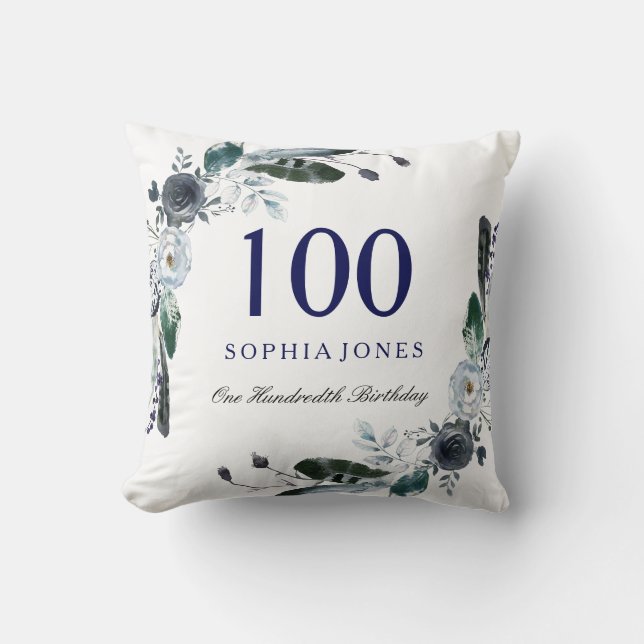 Navy Blue Black White Floral 100th Birthday Gift Cushion (Front)
