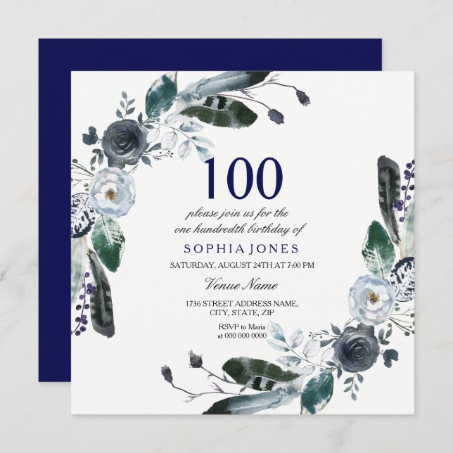 Navy Blue Black White Floral 100th Birthday Invite (Front/Back)