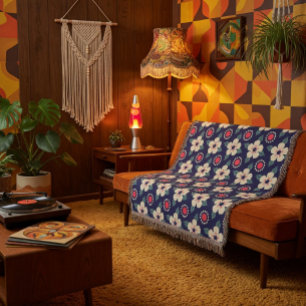 Navy Blue Blanket with Cream Flowers